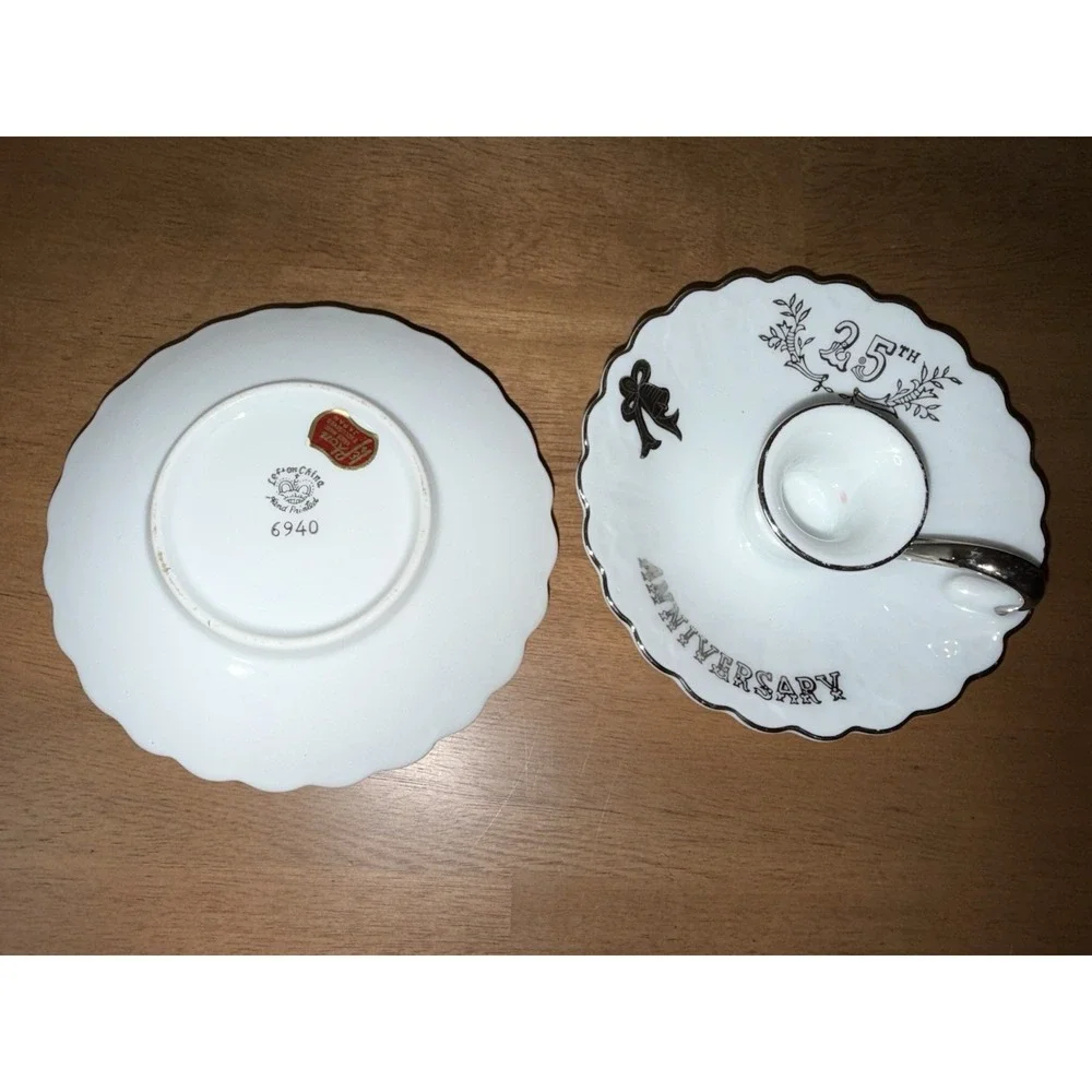 Vintage Lefton China 25th Anniversary Candle Holders Pair Silver Trim 6940 Japan